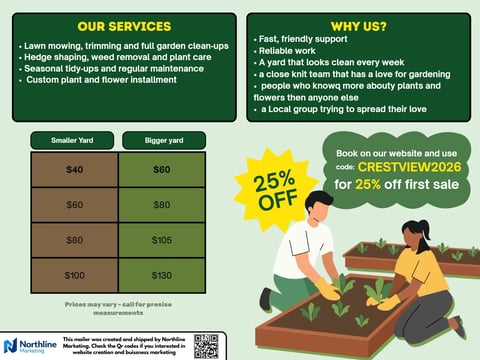 Lawn care service pricing and promotional flyer with service options, yard sizes, pricing table, and 25% off discount offer