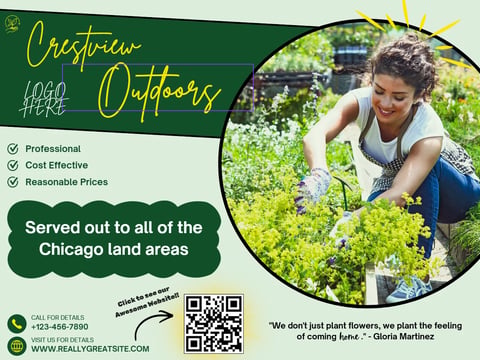 Woman gardening outdoors in green plants. Crestview Outdoors logo with professional services, cost effective, and reasonable prices listed. Serves Chicago land areas.